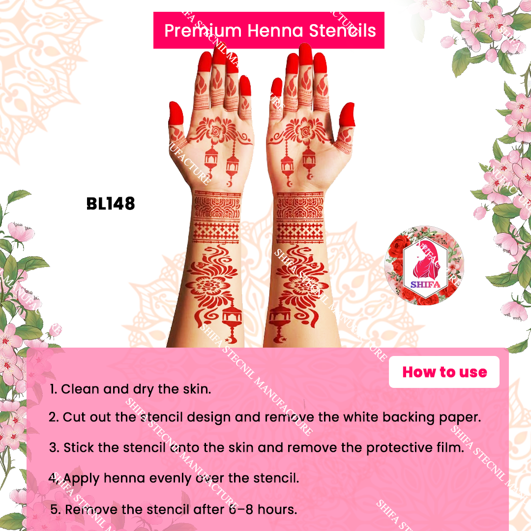 BL148 Moonlit Lantern Blossom Trail Double Hand Henna Stencil
